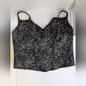Cacique Black and Gold Lace Bustier With Tassel And Velvet Ribbon. Size 44DD
